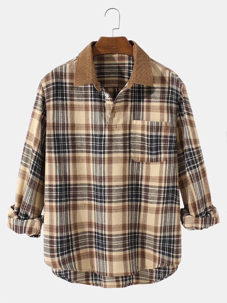 Herre Vintage Plaid Casual Fit Langærmede Henley-skjorter I Bomuld Med Lomme