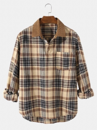 Herre Vintage Plaid Casual Fit Langærmede Henley-skjorter I Bomuld Med Lomme