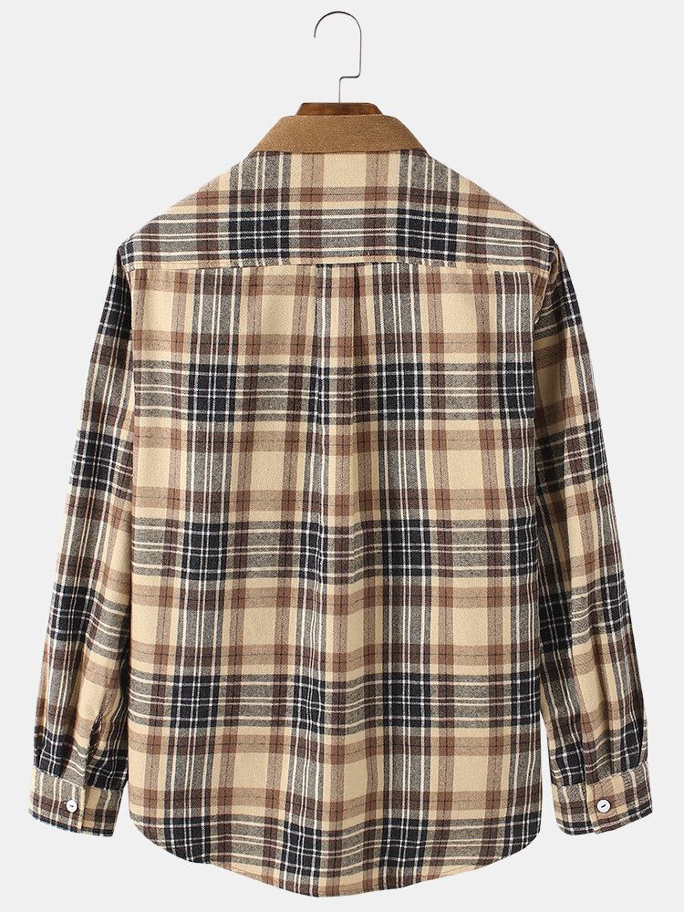 Herre Vintage Plaid Casual Fit Langærmede Henley-skjorter I Bomuld Med Lomme