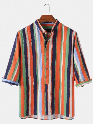 Mænds Farverige Stribeprint Bomuld Åndbare Halværmede Henley-skjorter
