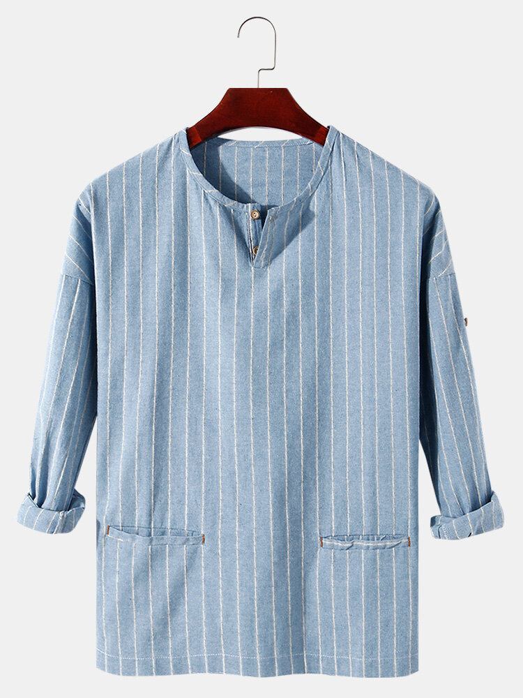 Mænds Stripe Halv Åben Krave Dobbeltlomme Casual Henley-skjorter