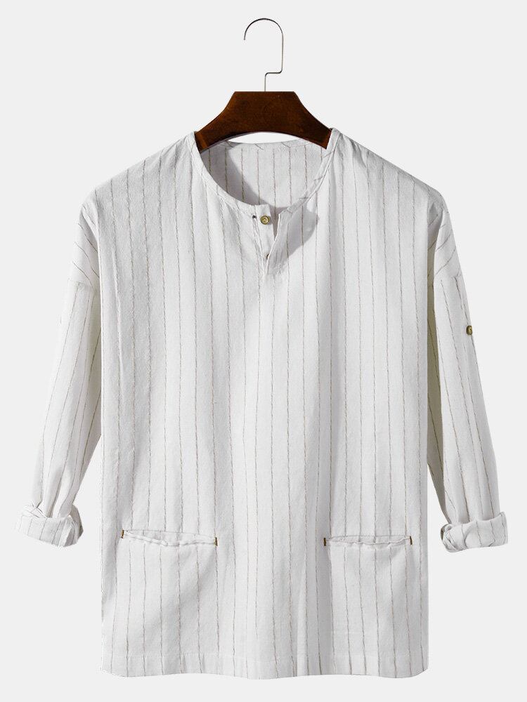 Mænds Stripe Halv Åben Krave Dobbeltlomme Casual Henley-skjorter