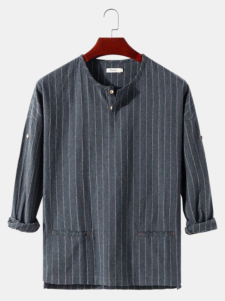 Mænds Stripe Halv Åben Krave Dobbeltlomme Casual Henley-skjorter