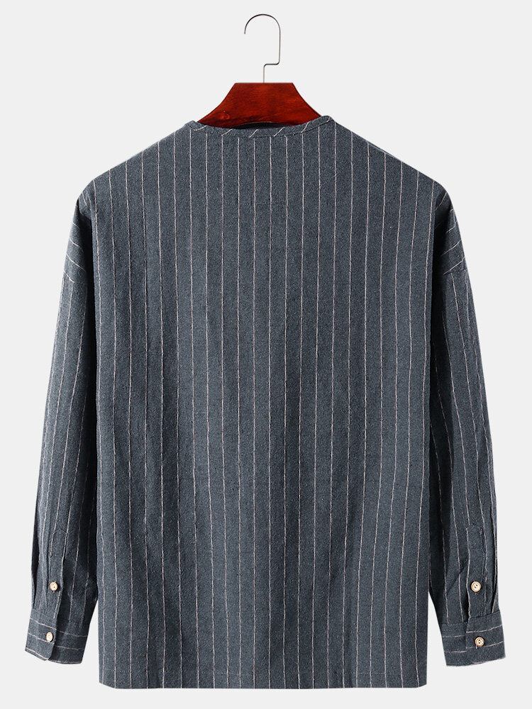 Mænds Stripe Halv Åben Krave Dobbeltlomme Casual Henley-skjorter