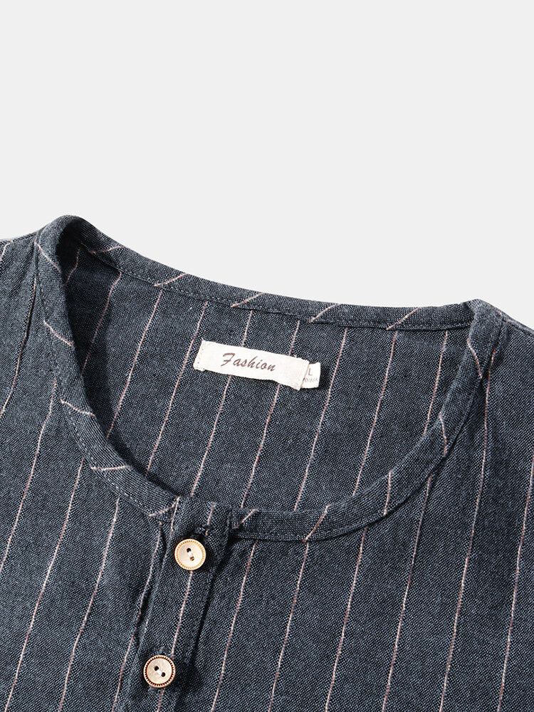 Mænds Stripe Halv Åben Krave Dobbeltlomme Casual Henley-skjorter