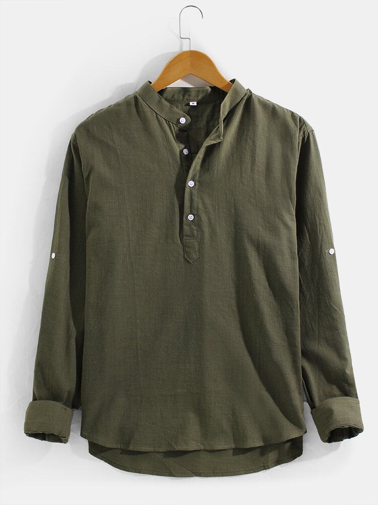 Vintage Ensfarvede Mænd Med Lange Ærmer Høj-lav Søm Henley-skjorter