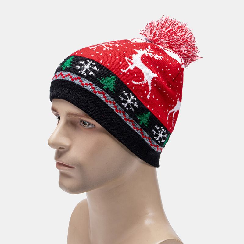 Barn Voksen Uld Jacquard Varm Festlig Jul Elg Snemænd Mønster Strikket Huer Beanie Med Fluff Ball