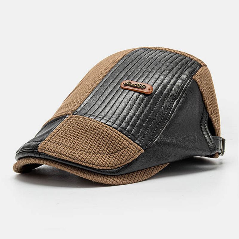 Collrown Mænd Læder Label Patch Baret Kasket Pu Strikket Uregelmæssig Patchwork Justerbar Flad Cap