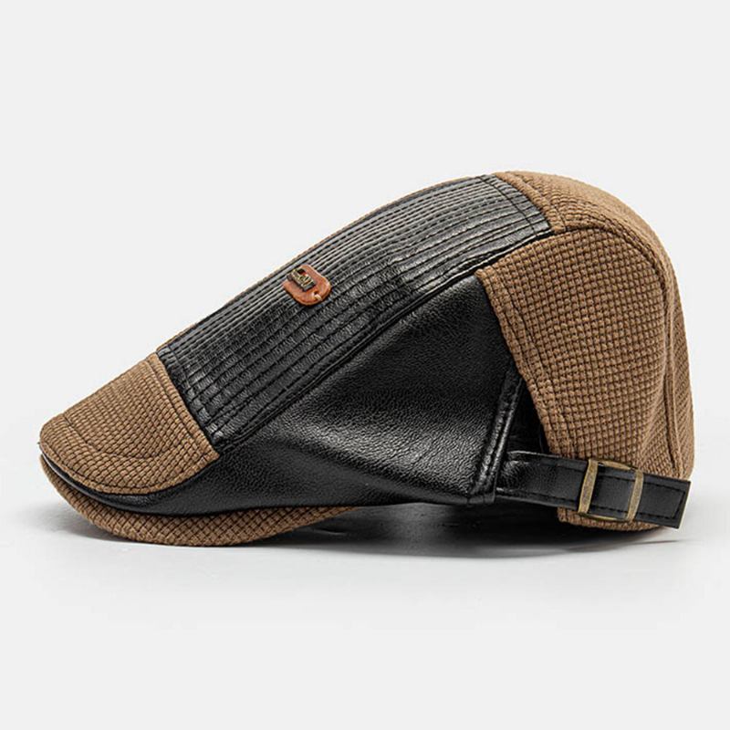 Collrown Mænd Læder Label Patch Baret Kasket Pu Strikket Uregelmæssig Patchwork Justerbar Flad Cap