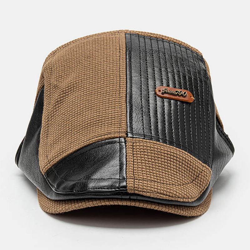 Collrown Mænd Læder Label Patch Baret Kasket Pu Strikket Uregelmæssig Patchwork Justerbar Flad Cap