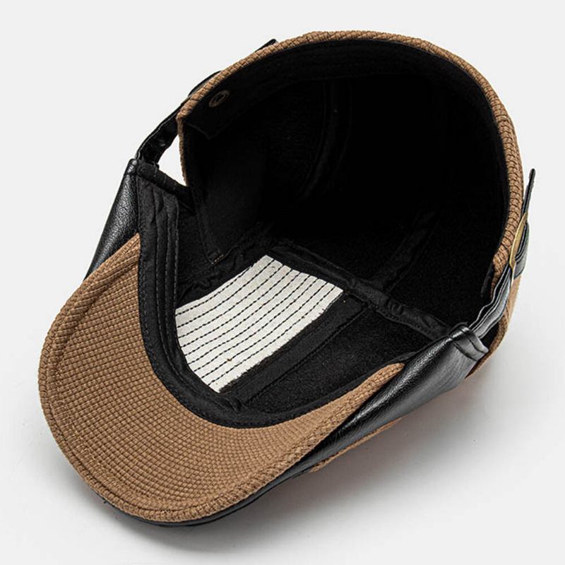 Collrown Mænd Læder Label Patch Baret Kasket Pu Strikket Uregelmæssig Patchwork Justerbar Flad Cap