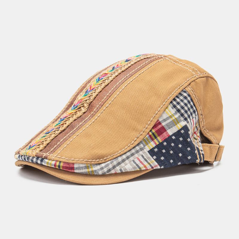 Collrown Unisex Bomuld Patchwork Regnbuefarvet Vævet Stråreb Dekoration Casual Bareet Flad Kasket Ivy Cap