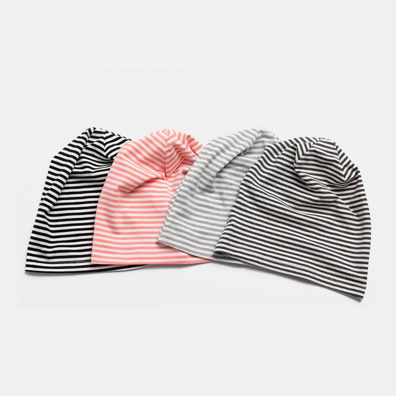 Dame Bomuld Stribet Tynd Baotou Huer Mode Casual Blød Hudvenlig Elastisk Beanie Hat