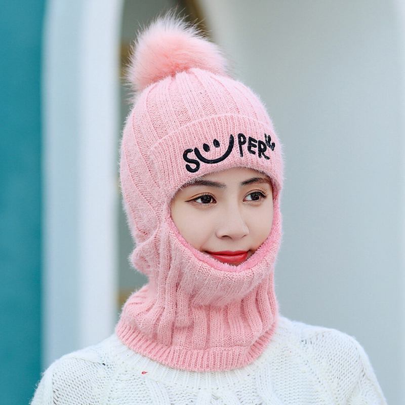 Dame One-piece Wool Plus Thicken Plus Velvet Varm Hals Ansigt Ørebeskyttelse Ride Ski Strikket Huer Beanie Med Fluff Ball