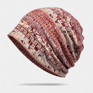 Dame Polyester Bomuld Overlay Geometri Print Elastisk Dobbelt-brug Hagesmæk Tørklæde Beanie Hat