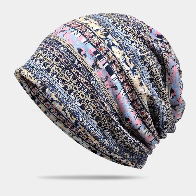 Dame Polyester Bomuld Overlay Geometri Print Elastisk Dobbelt-brug Hagesmæk Tørklæde Beanie Hat