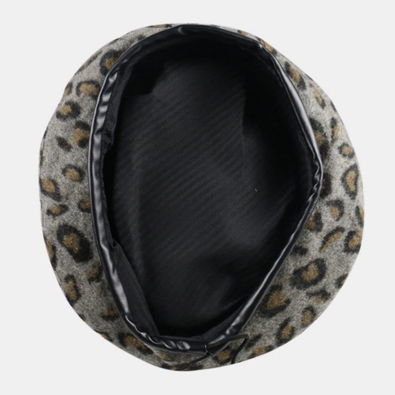 Dame Uld Leopard Varm Retro Maler Huer Basker Huer Oktagonal Huer Flad Hat