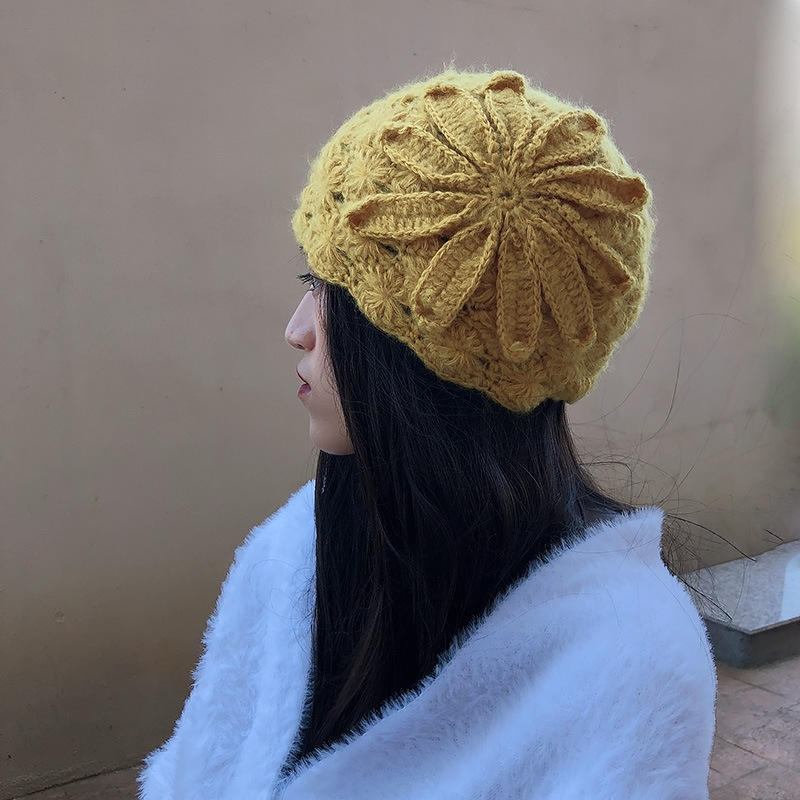 Etnisk Stil Håndlavet Strikket Uldhat Kvinder Retro Elegant Blomster Basker Beanie