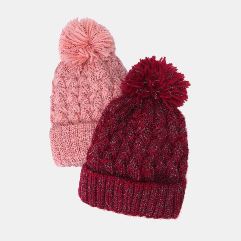 Kvinder Blandet Farve Strikket Plus Velvet Thicken Fluffy Ball Varme Ørebeskyttelse Beanie Hat