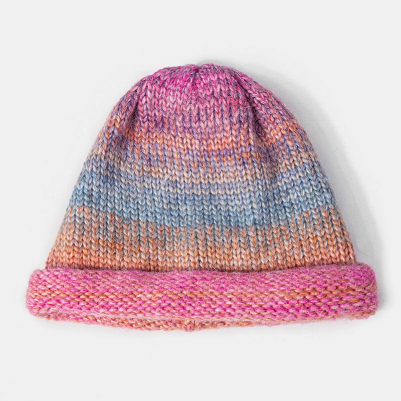 Kvinder Blandet Farve Strikket Tie-dye Gradient Farve Vintage Fashion Varme Brimless Beanie Hat