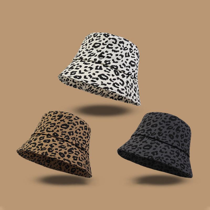 Kvinder Bomuld Leopard Mønster Print Fashion All-match Sunscreen Bucket Hat