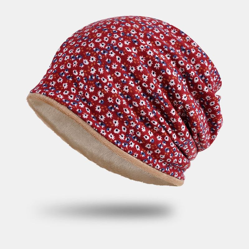 Kvinder Bomuld Plus Velvet Overlay Blomstermønster Print Varme Vindtæt Dual-use Hagesmæk Tørklæde Beanie Hat