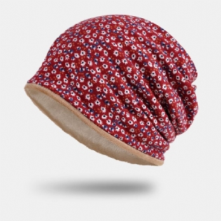 Kvinder Bomuld Plus Velvet Overlay Blomstermønster Print Varme Vindtæt Dual-use Hagesmæk Tørklæde Beanie Hat