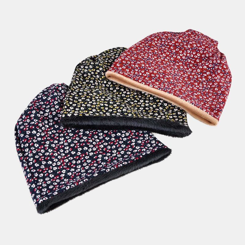 Kvinder Bomuld Plus Velvet Overlay Blomstermønster Print Varme Vindtæt Dual-use Hagesmæk Tørklæde Beanie Hat