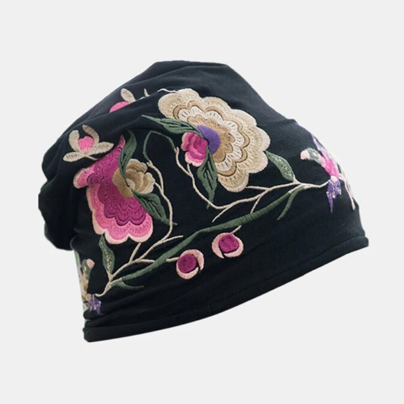 Kvinder Bomuldsbroderi Blomstertryk Etnisk Stil Beanie Huer Åndbar Turban Cap