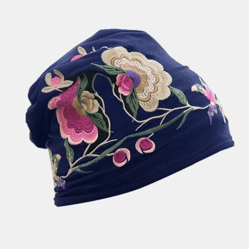 Kvinder Bomuldsbroderi Blomstertryk Etnisk Stil Beanie Huer Åndbar Turban Cap