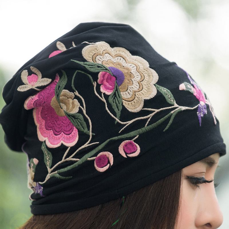 Kvinder Bomuldsbroderi Blomstertryk Etnisk Stil Beanie Huer Åndbar Turban Cap