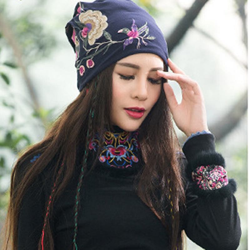 Kvinder Bomuldsbroderi Blomstertryk Etnisk Stil Beanie Huer Åndbar Turban Cap