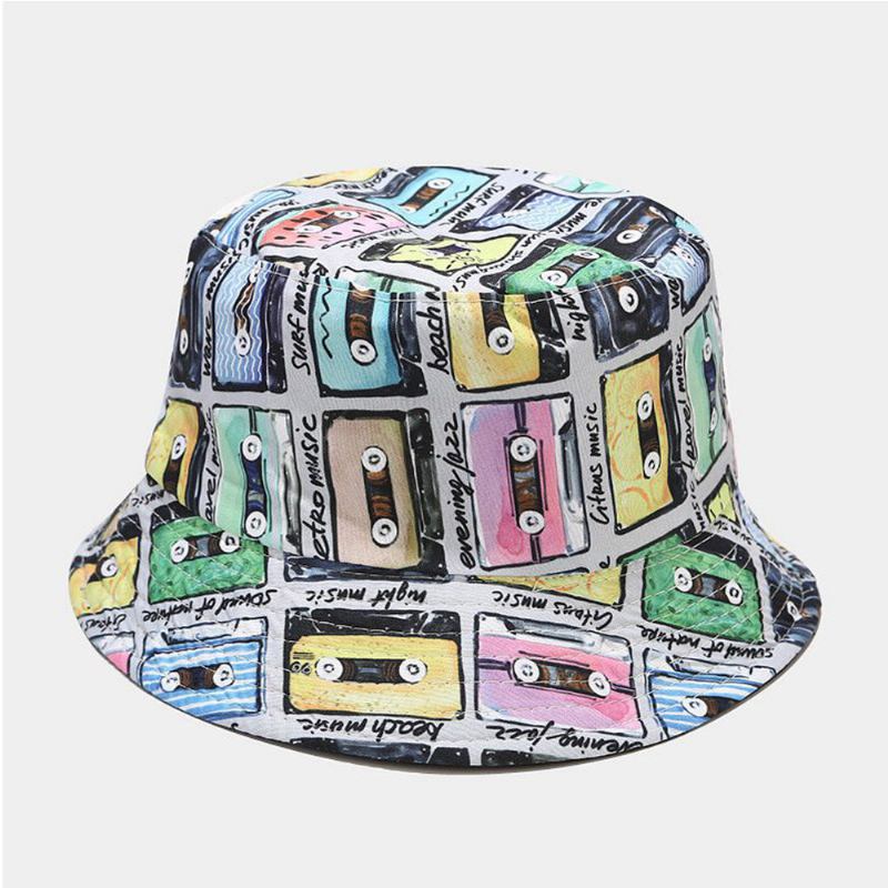 Kvinder Bomuldstape Udskrivningsmønster Farvet Dobbeltsidet Iført Trend Sunshade Bucket Hat