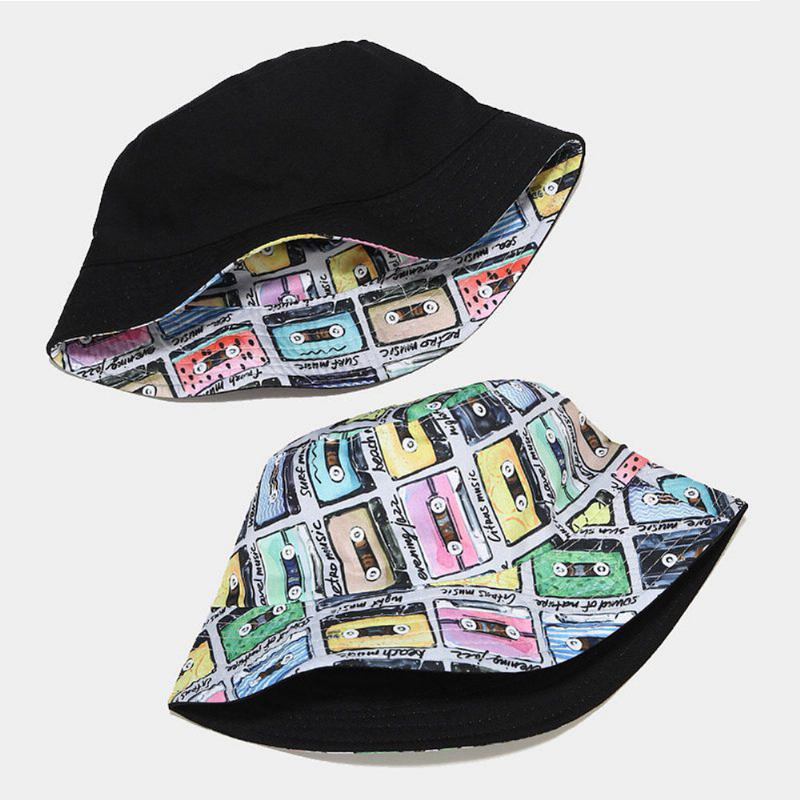 Kvinder Bomuldstape Udskrivningsmønster Farvet Dobbeltsidet Iført Trend Sunshade Bucket Hat