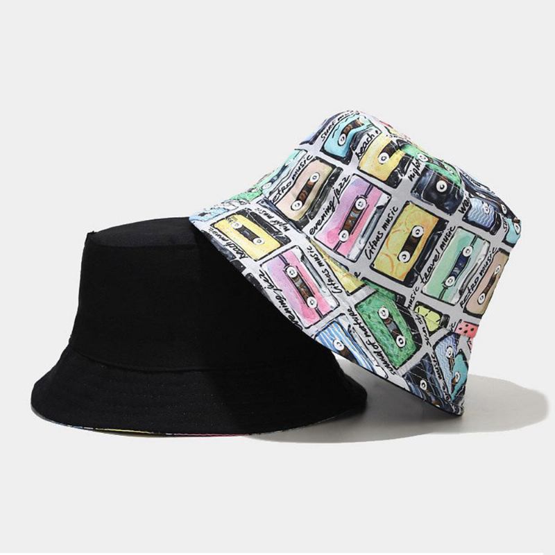 Kvinder Bomuldstape Udskrivningsmønster Farvet Dobbeltsidet Iført Trend Sunshade Bucket Hat