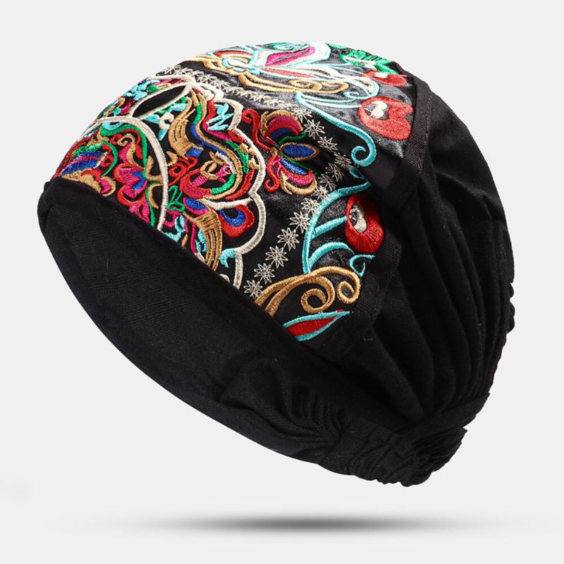 Kvinder Canvas Etnisk Broderi Blomstertryk Vintage Beanie Huer Turban Caps