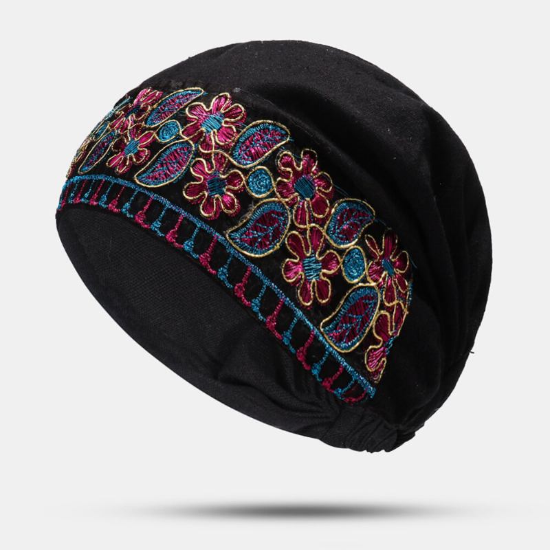 Kvinder Canvas Etnisk Broderi Blomstertryk Vintage Beanie Huer Turban Caps