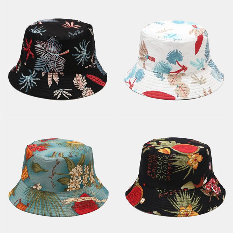 Kvinder Dobbeltsidet Sommer Uv-beskyttelse Marine Plantemønster Casual Enkel Solhat Bucket Hat