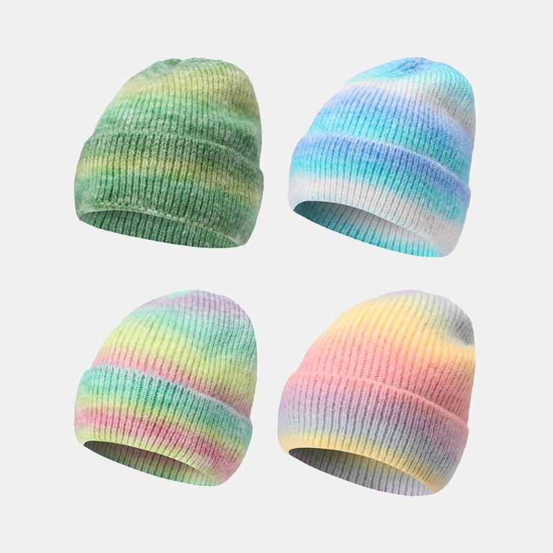 Kvinder Gradient Efterår Vinter Varm Strikket Hue Personlighed Vild Flangende Ørebeskyttelse Beanie Hat