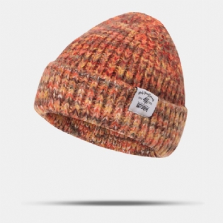 Kvinder Groft Strikket Blandet Farve Bogstavlabel All-match Warm Beanie Hat