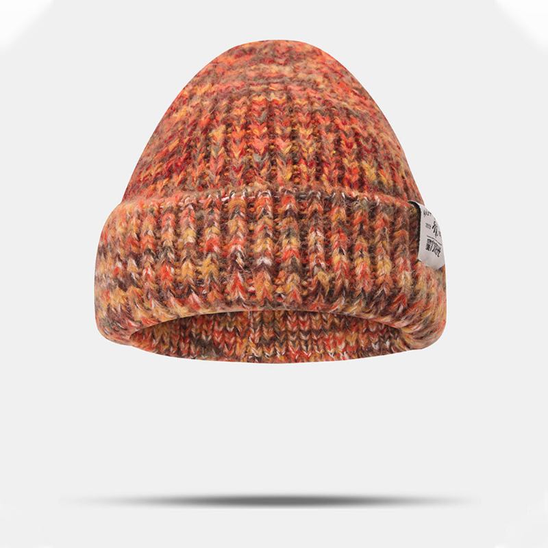 Kvinder Groft Strikket Blandet Farve Bogstavlabel All-match Warm Beanie Hat