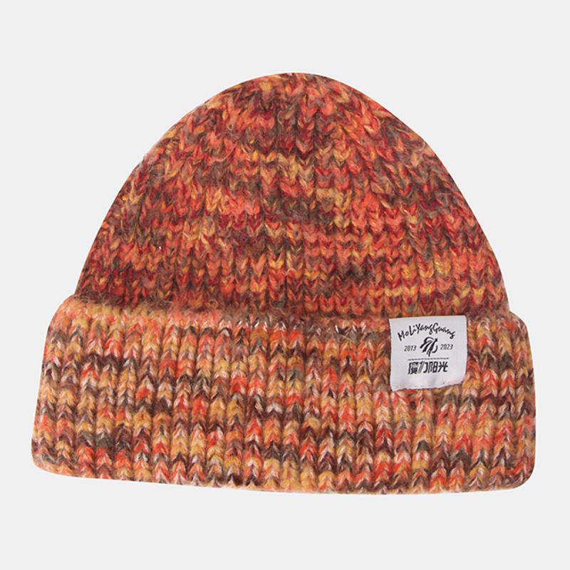 Kvinder Groft Strikket Blandet Farve Bogstavlabel All-match Warm Beanie Hat