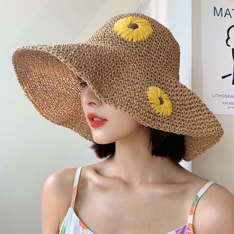 Kvinder Halm Blomster Ensfarve Elegant Solsikke Stor Skygge Solbeskyttelseshat Strandhat Bucket Hat