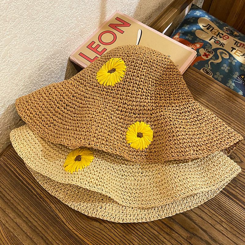 Kvinder Halm Blomster Ensfarve Elegant Solsikke Stor Skygge Solbeskyttelseshat Strandhat Bucket Hat