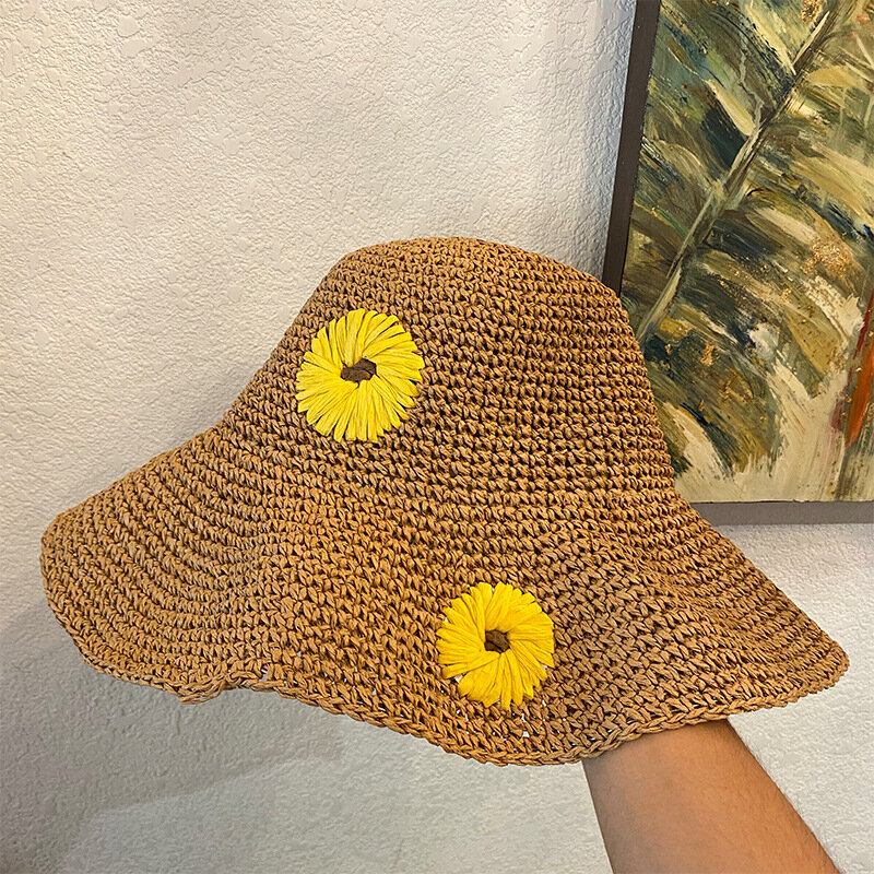 Kvinder Halm Blomster Ensfarve Elegant Solsikke Stor Skygge Solbeskyttelseshat Strandhat Bucket Hat