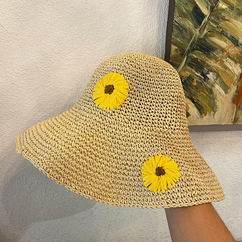 Kvinder Halm Blomster Ensfarve Elegant Solsikke Stor Skygge Solbeskyttelseshat Strandhat Bucket Hat