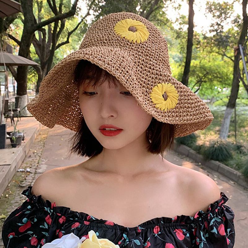 Kvinder Halm Blomster Ensfarve Elegant Solsikke Stor Skygge Solbeskyttelseshat Strandhat Bucket Hat