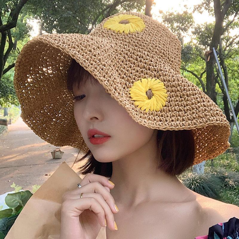 Kvinder Halm Blomster Ensfarve Elegant Solsikke Stor Skygge Solbeskyttelseshat Strandhat Bucket Hat