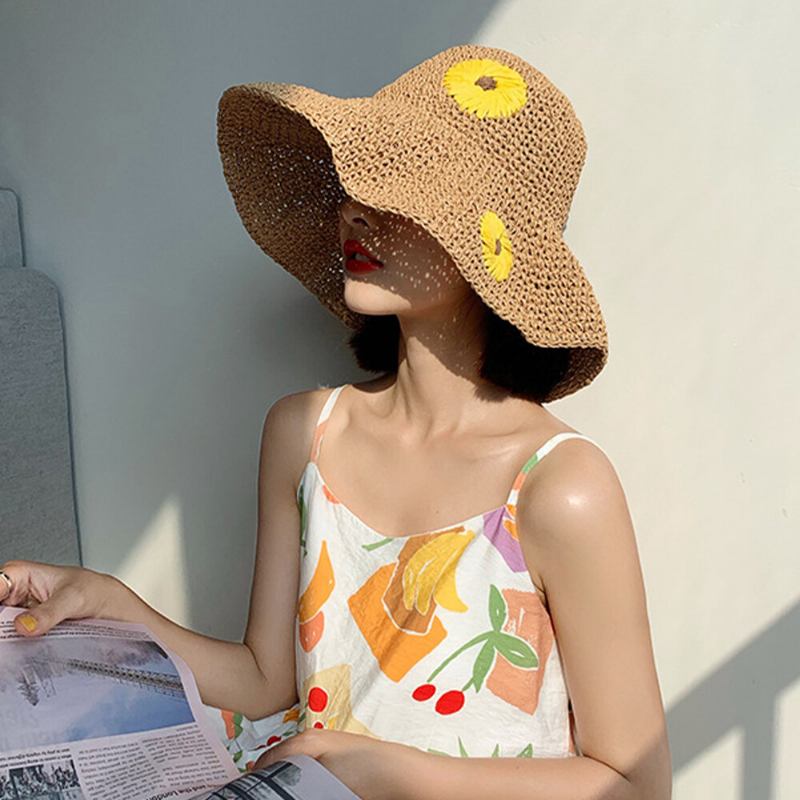 Kvinder Halm Blomster Ensfarve Elegant Solsikke Stor Skygge Solbeskyttelseshat Strandhat Bucket Hat