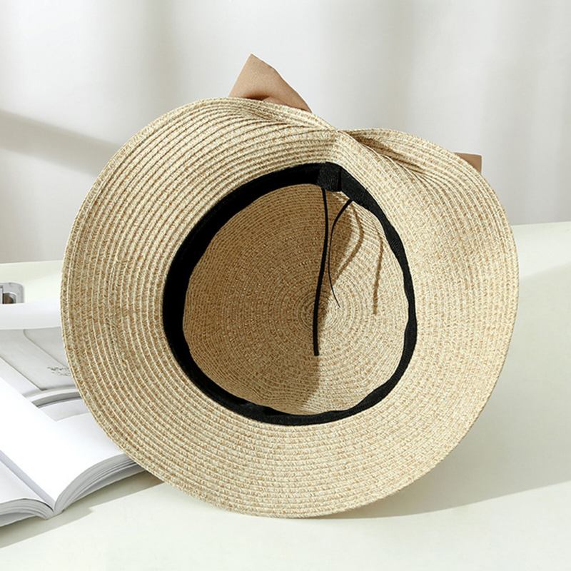 Kvinder Halm Fritidsferie Alsidig Åndbar Skygge Big Bow Straw Huer Tour Beach Bucket Cap